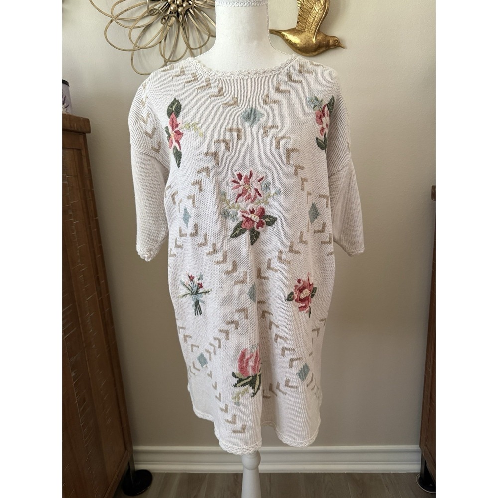 Vintage Lucia Ramie Cotton Sweater Dress L Floral Embroidered Cottagecore 90s